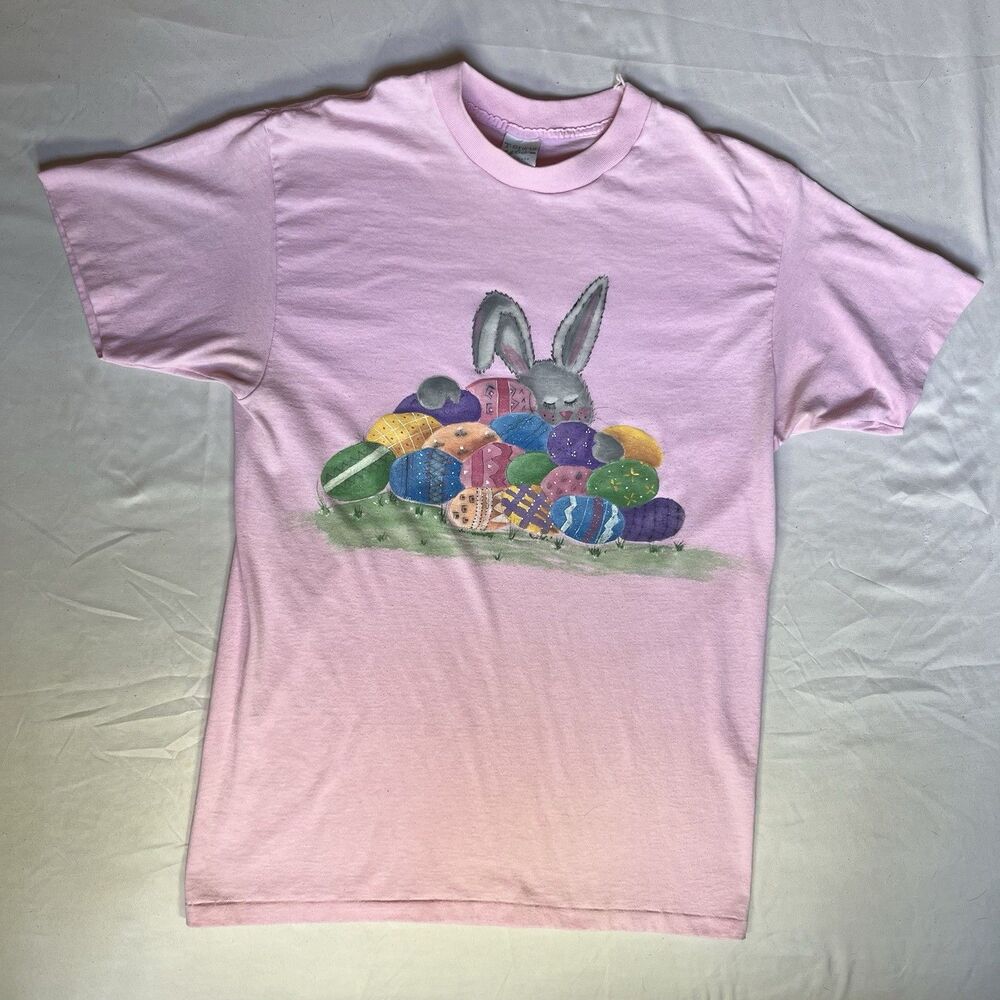 VTG Single Stitch Easter Bunny T Shirt Sz L USA Made Pink 80s Granny Glitter